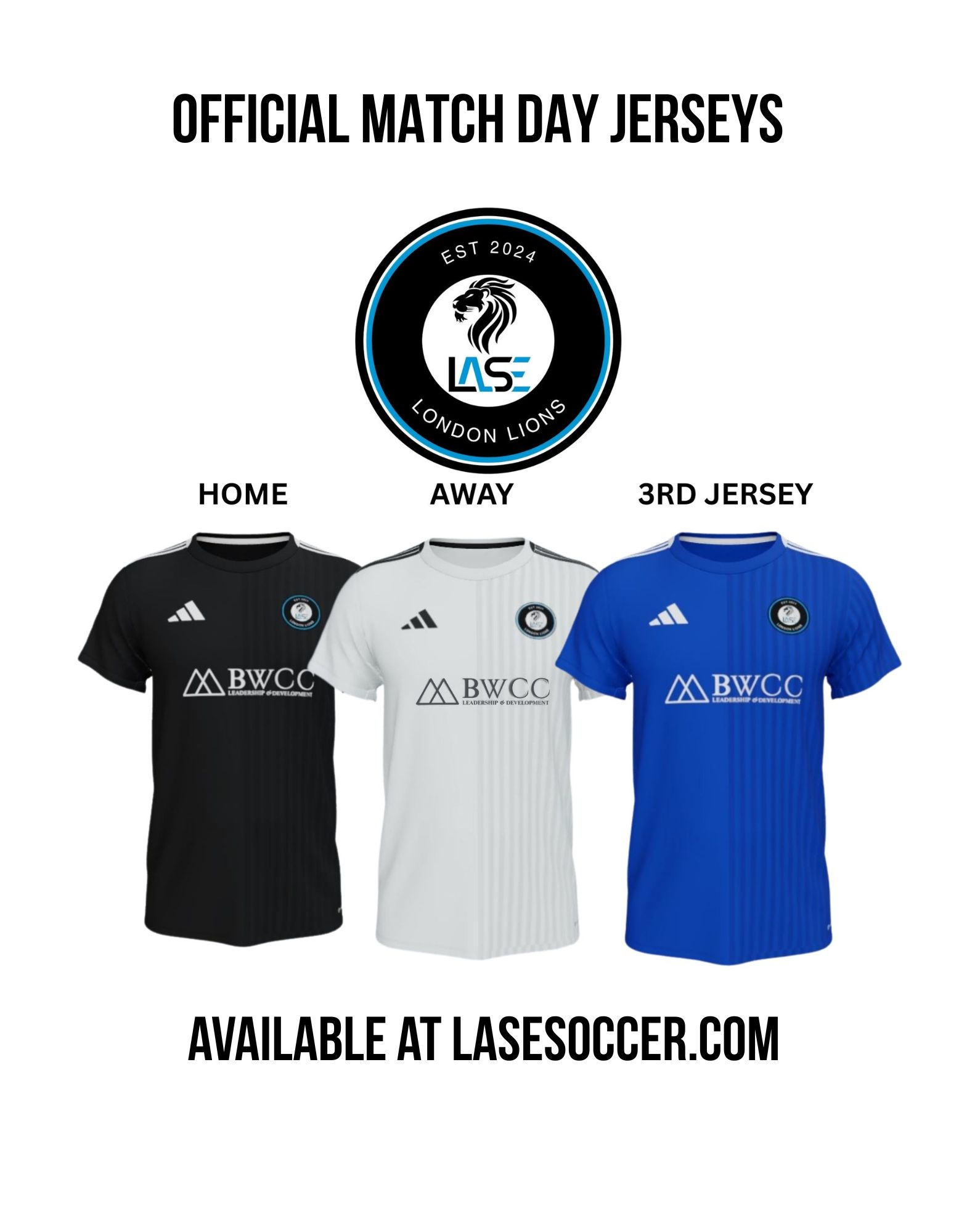 Official LASE Lions black, white and blue match day jerseys